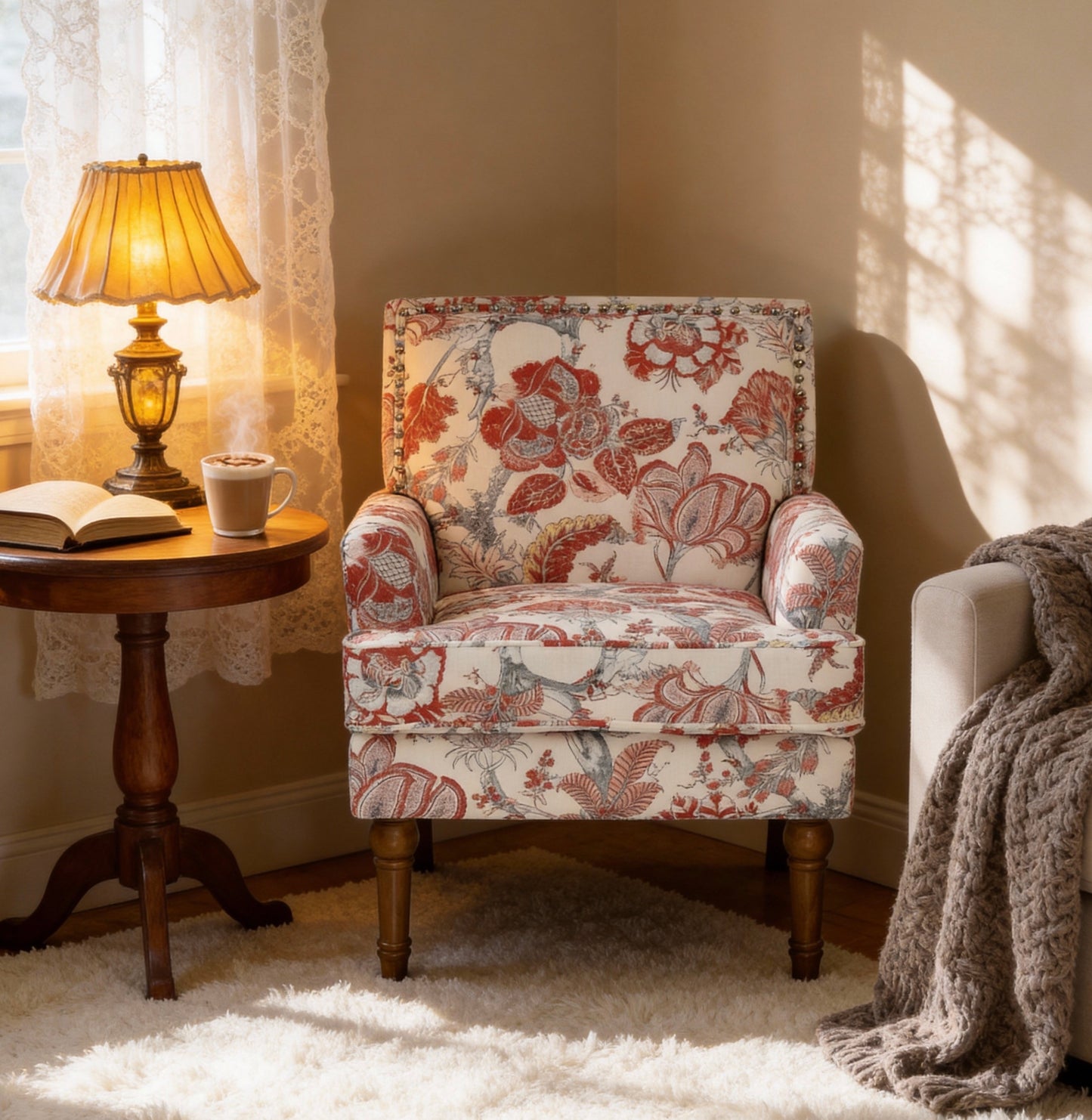 Floral Accent Chair with Nailhead Trim - Red Upholstered Slipper Chair