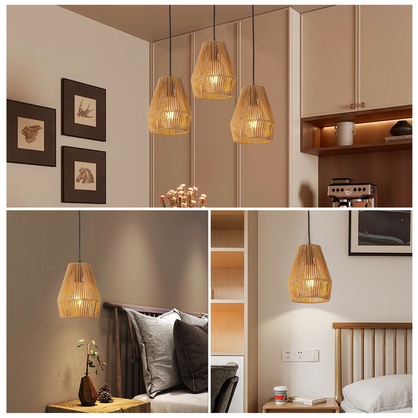 7-Inch Set of 3 Rustic Hemp Rope Pendant Lights - Farmhouse Ceiling Fixtures