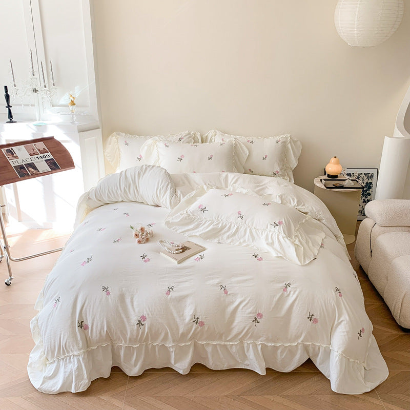 Embroidery Bedding Set with Washed Cotton and Brushed Hair - Four Piece Bed Linen