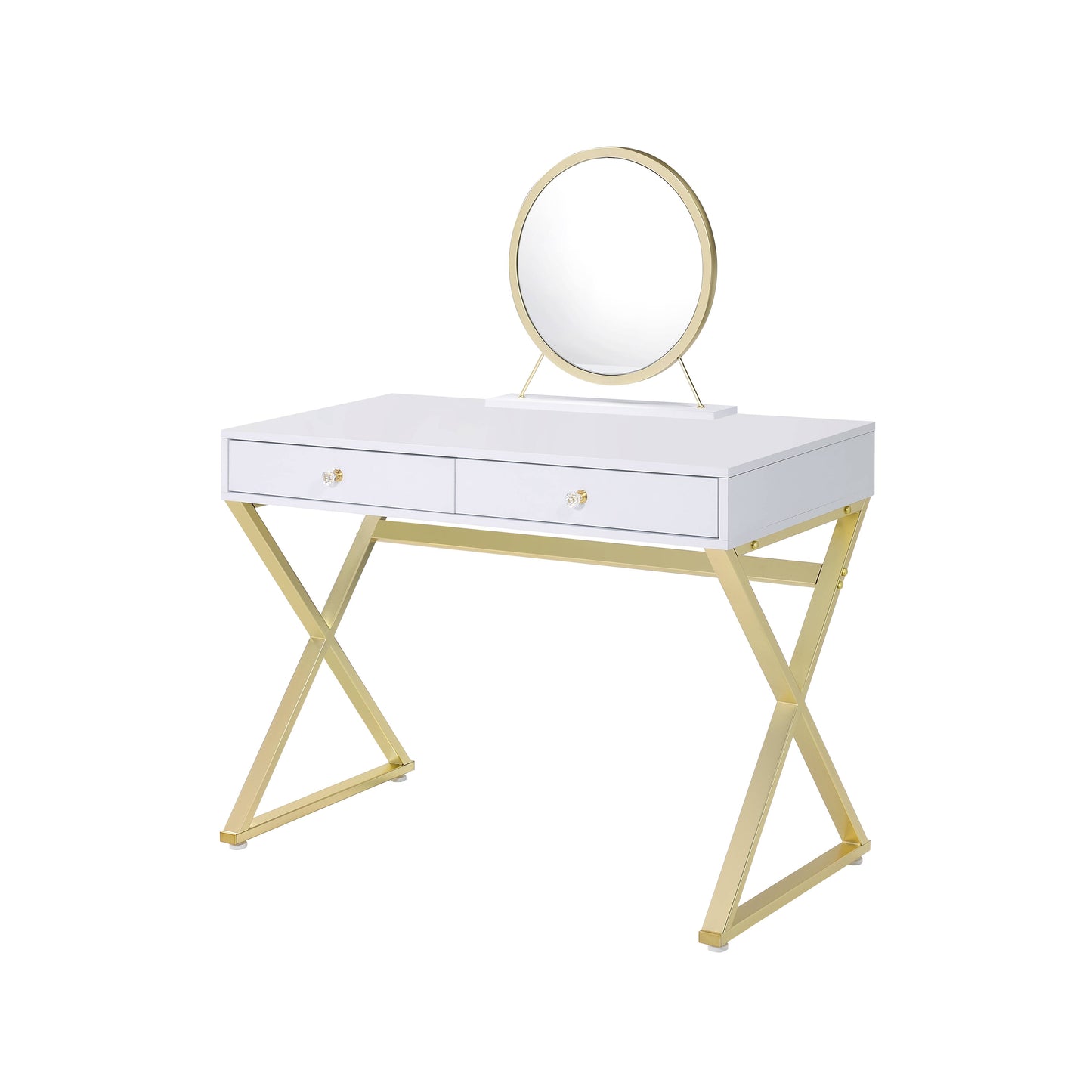 Gloss White & Gold Vanity Desk with Mirror & Jewelry Tray