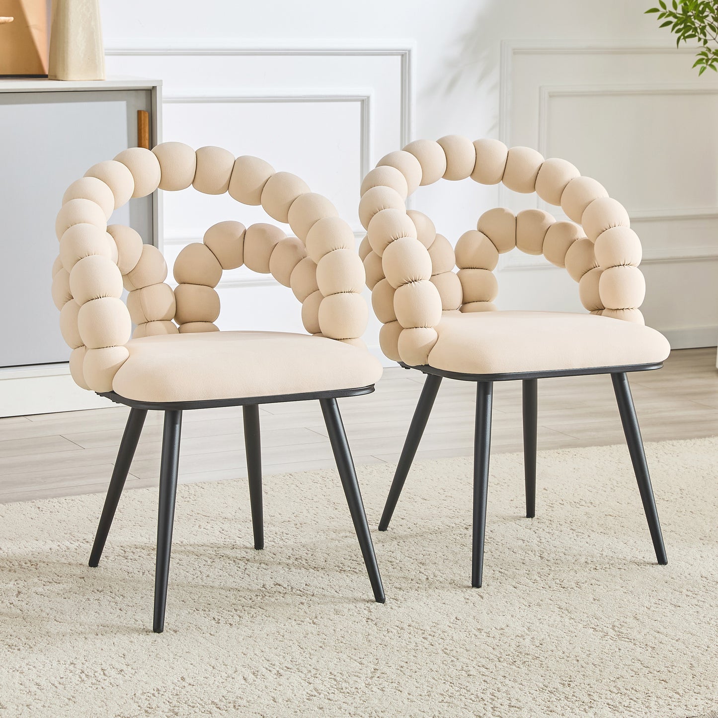 Set of 2 Beige Velvet Bubble Dining Chairs - Modern Accent Chairs