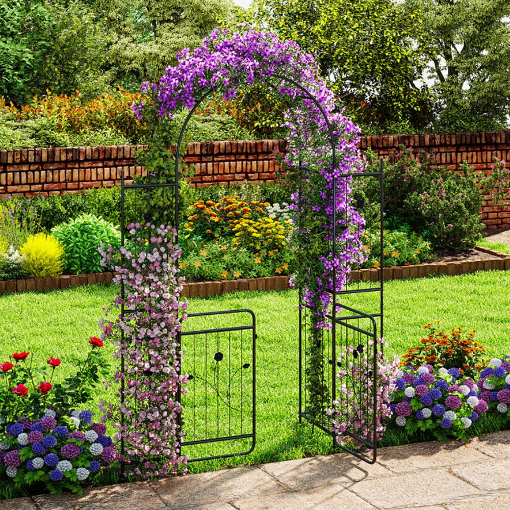 87 Inch Tall Garden Arch with Gate & Planter Shelves - Black