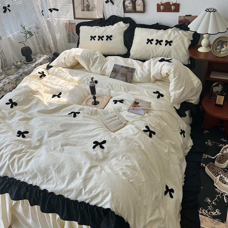 Cream Ins Girl Bow Lace Cotton Bedding Set - Multiple Sizes & Patterns