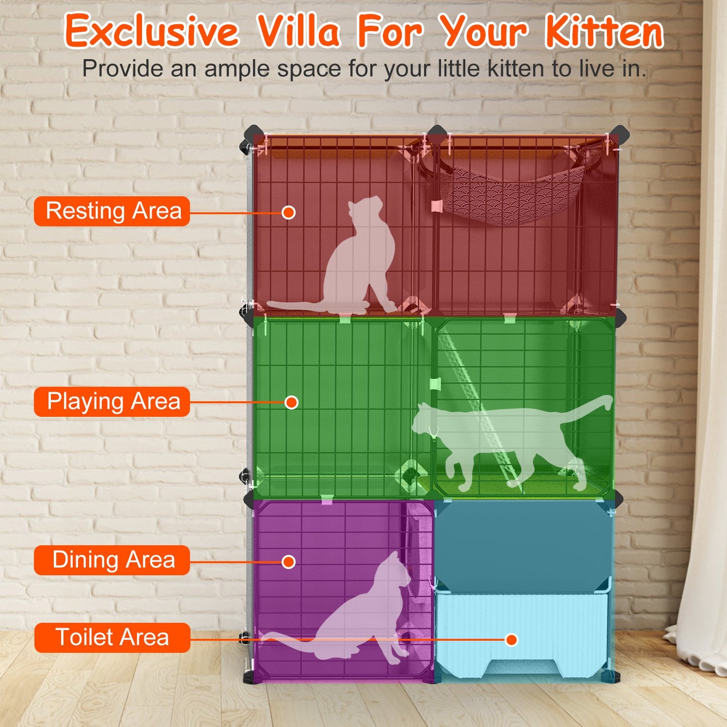 Indoor 3 Tier Cat Cage with Litter Box, Hammock, and Play Areas for Kittens