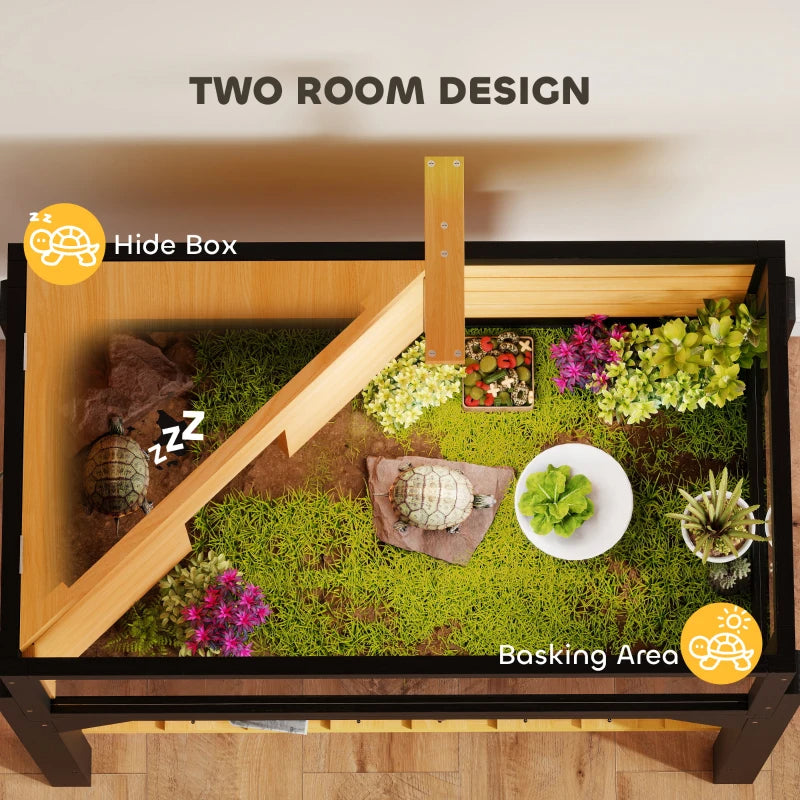 Wooden Tortoise Habitat with Storage Shelf & Clear Windows, Open Top, Lamp Holder