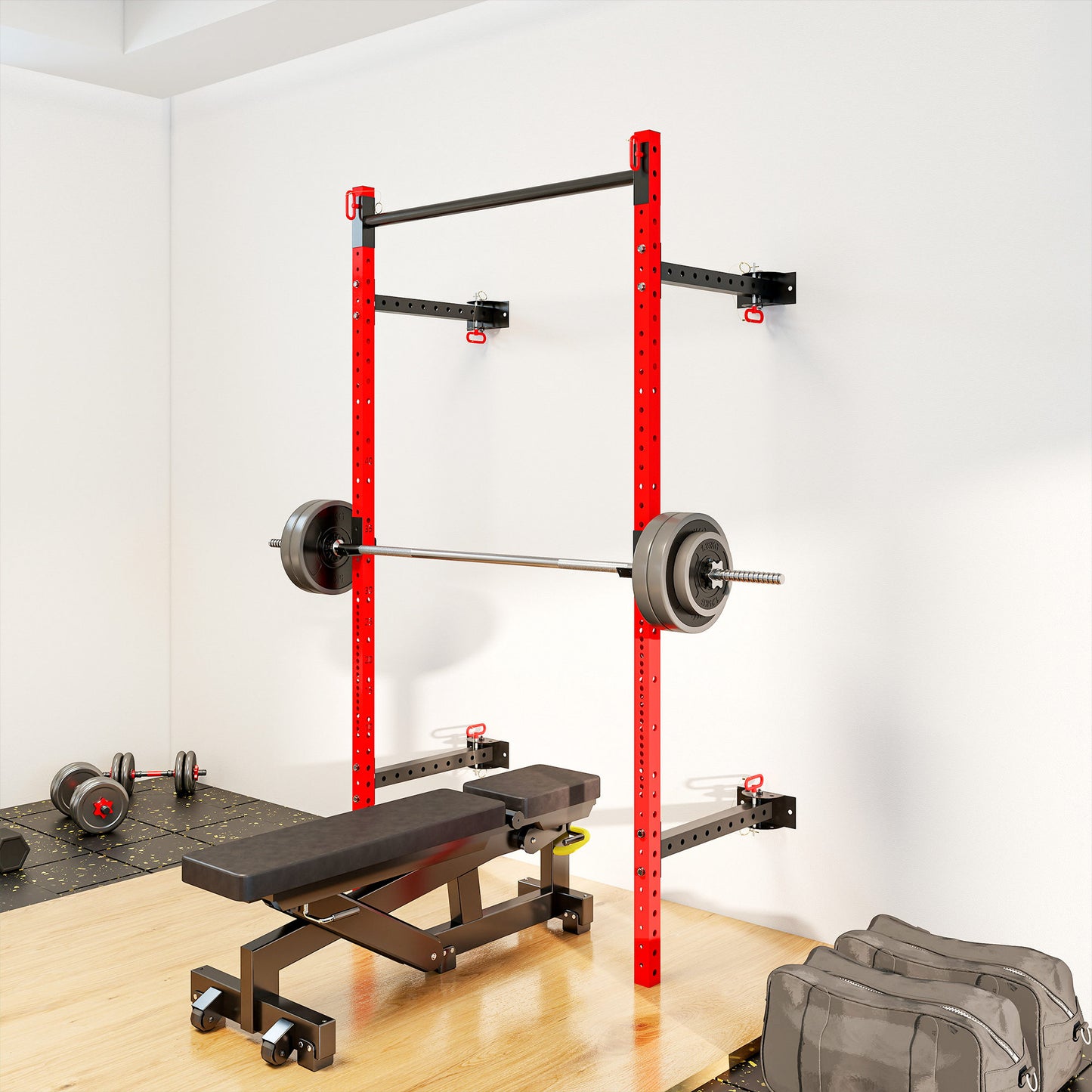 Adjustable Folding Squat Rack with Pull Up Bar - Red