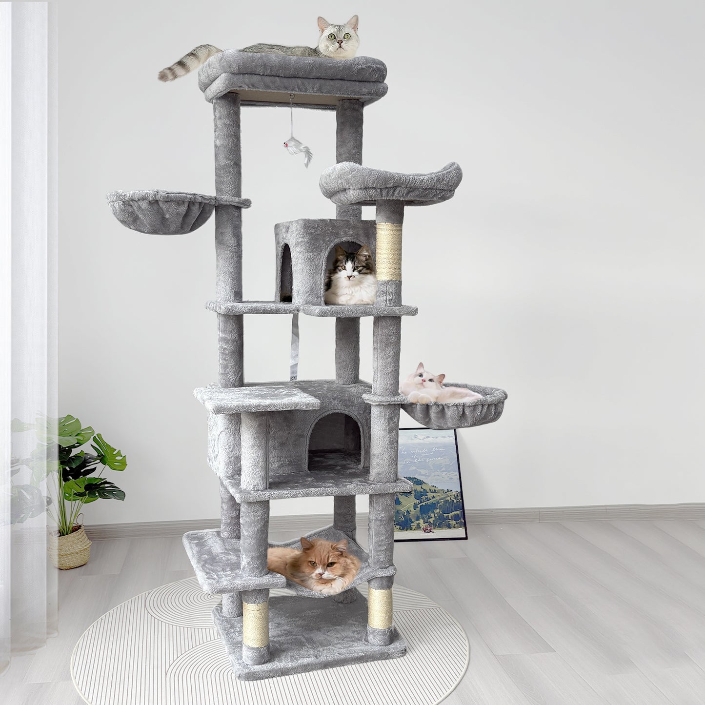 68-Inch Multi-Level Cat Tree with Hammocks and Scratching Posts - Light Gray