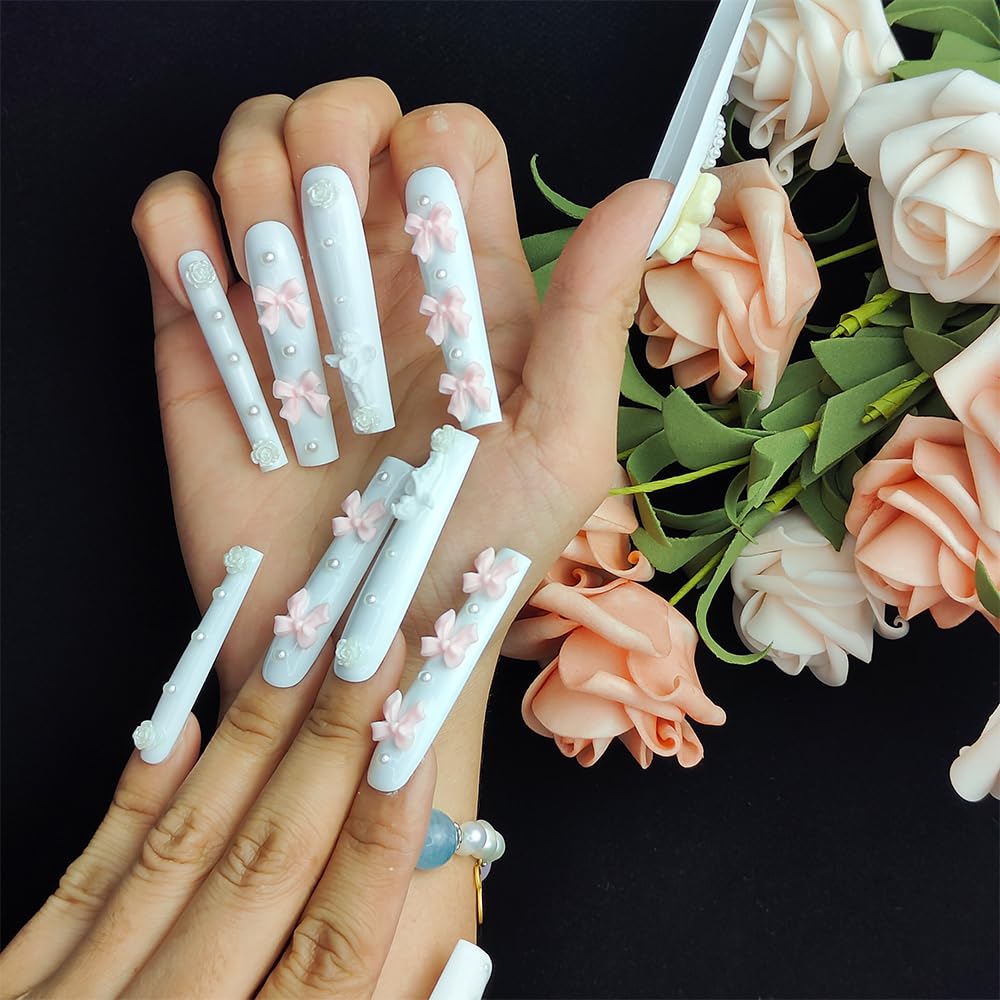 Long White Press-On Nails with 3D Bear, Rose, and Bow Design - Size M