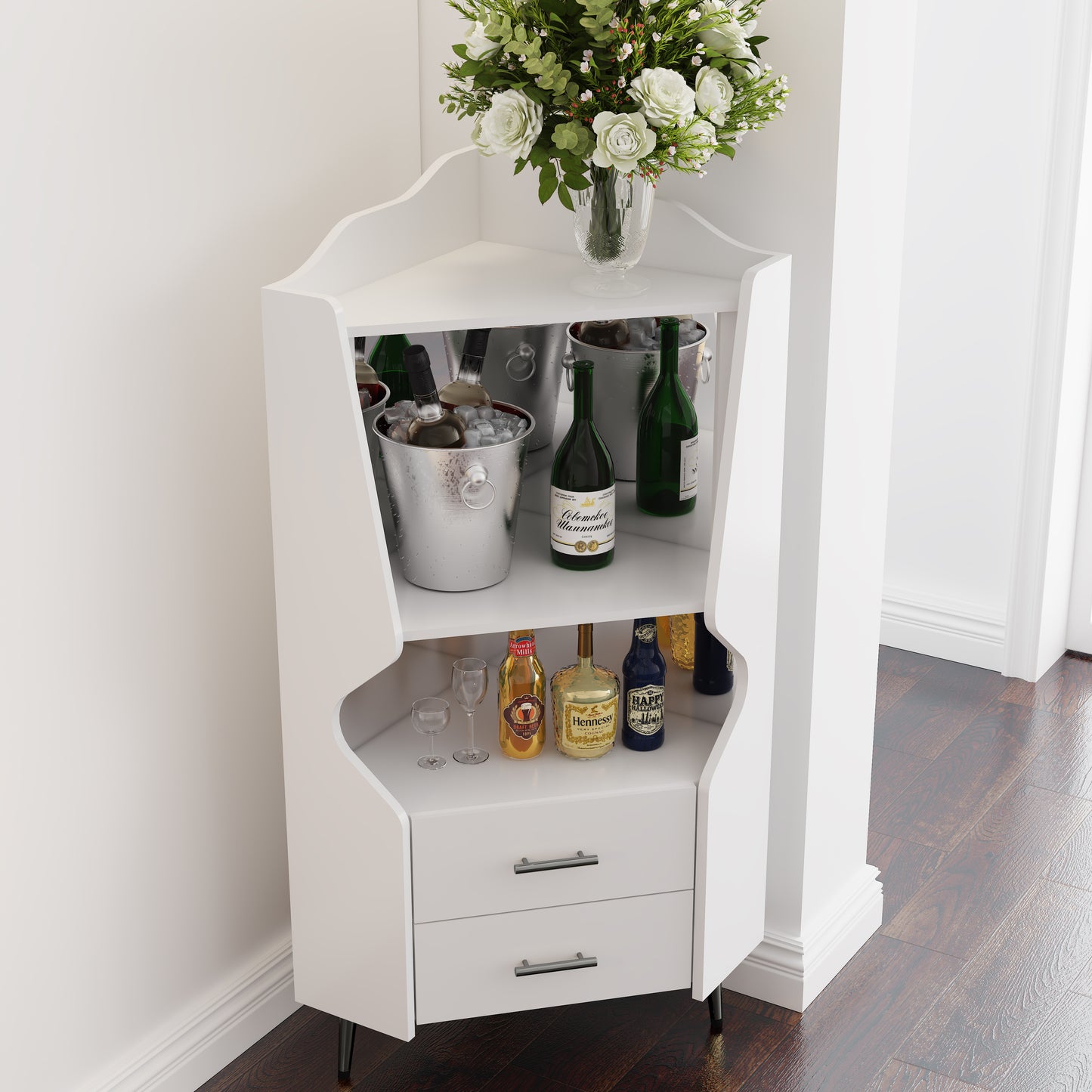 Wooden Corner Bar Cabinet With 2 Open Storage Shelves And Drawers,