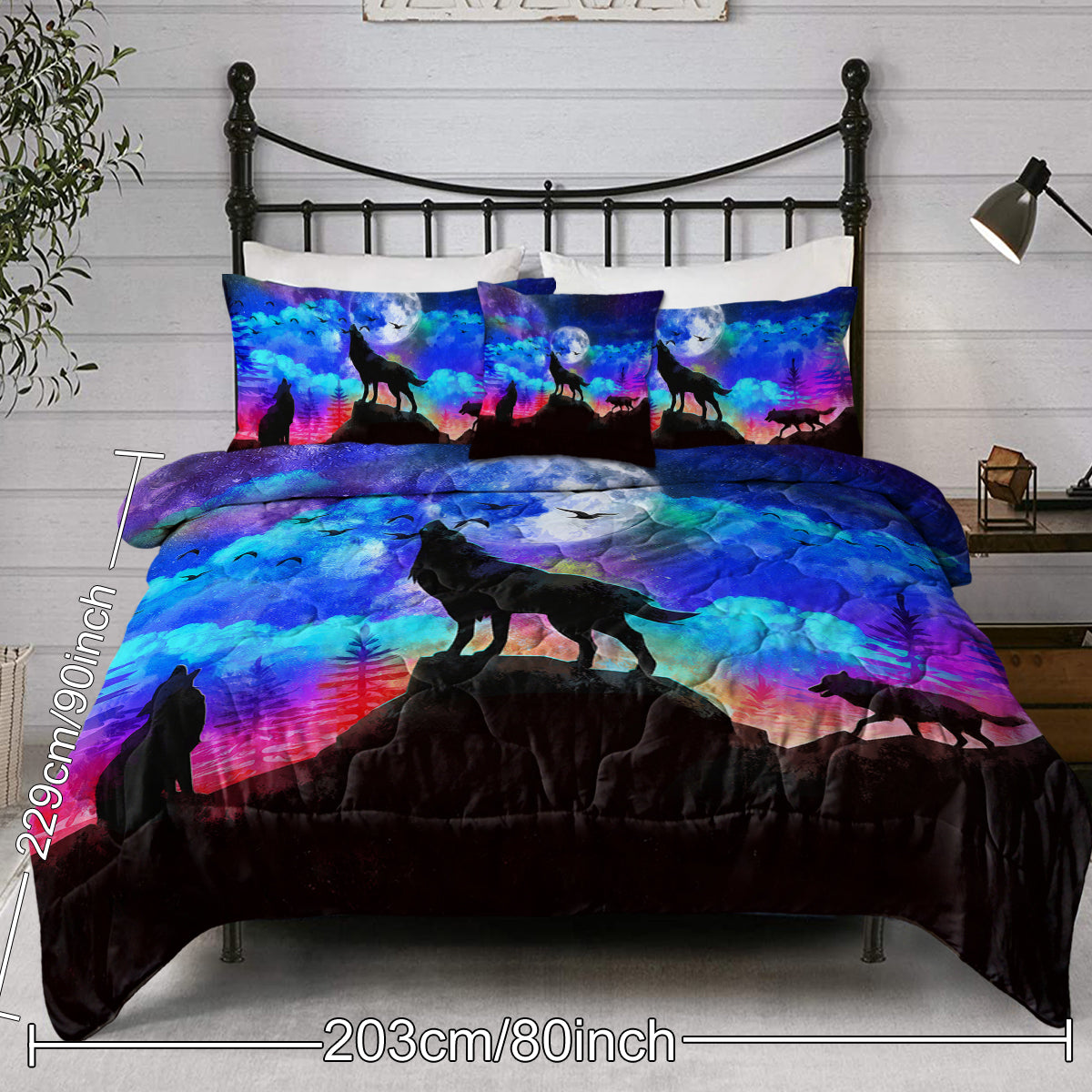 3D Wolf Comforter Set - 4 Piece Bedding Set in Purple & Blue