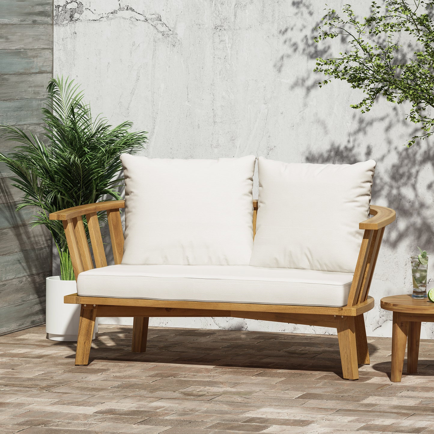 Outdoor Wooden Loveseat With Cushions - White Teak 55.50 W X 27.00 D