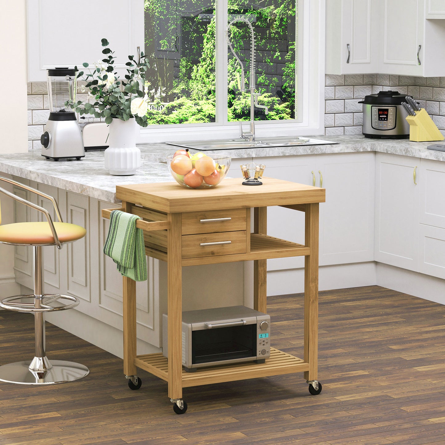 Bamboo Kitchen Island Cart on Wheels, Utility Trolley with 2 Storage
