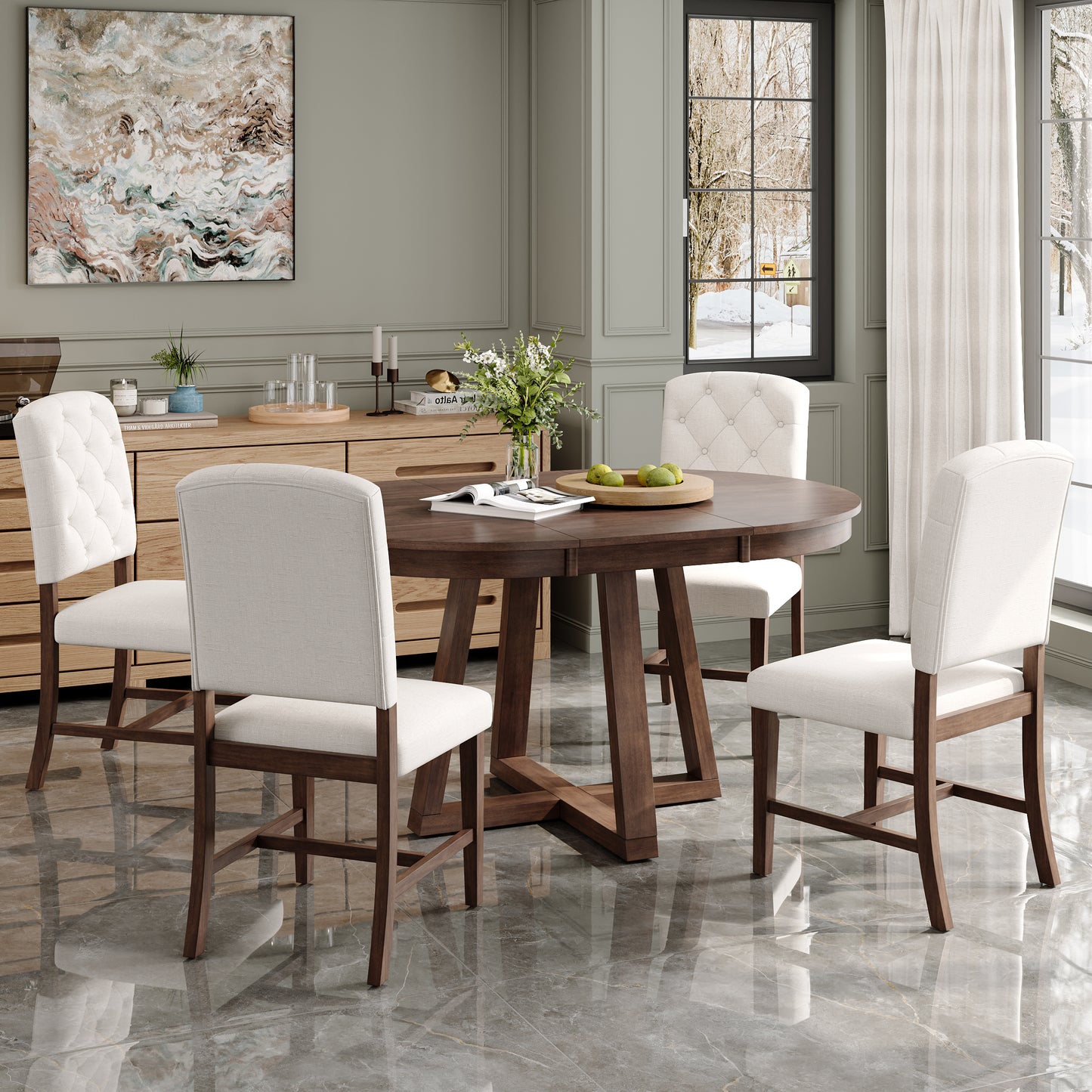 5-Piece Retro Dining Set with Round Table & 4 Upholstered Chairs - Walnut