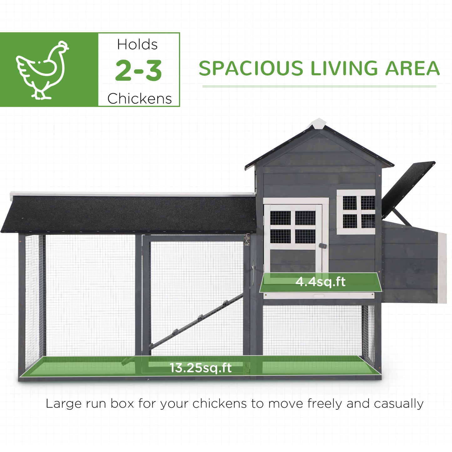 84-Inch Wooden Chicken Coop with Run and Nesting Box - Gray Outdoor Poultry House