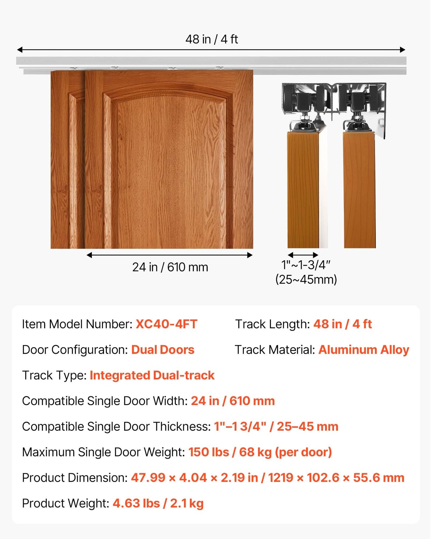 Sliding Door Hardware Kit for 24-inch Closet Doors - Aluminum Dual-Track, Quiet & Easy Install