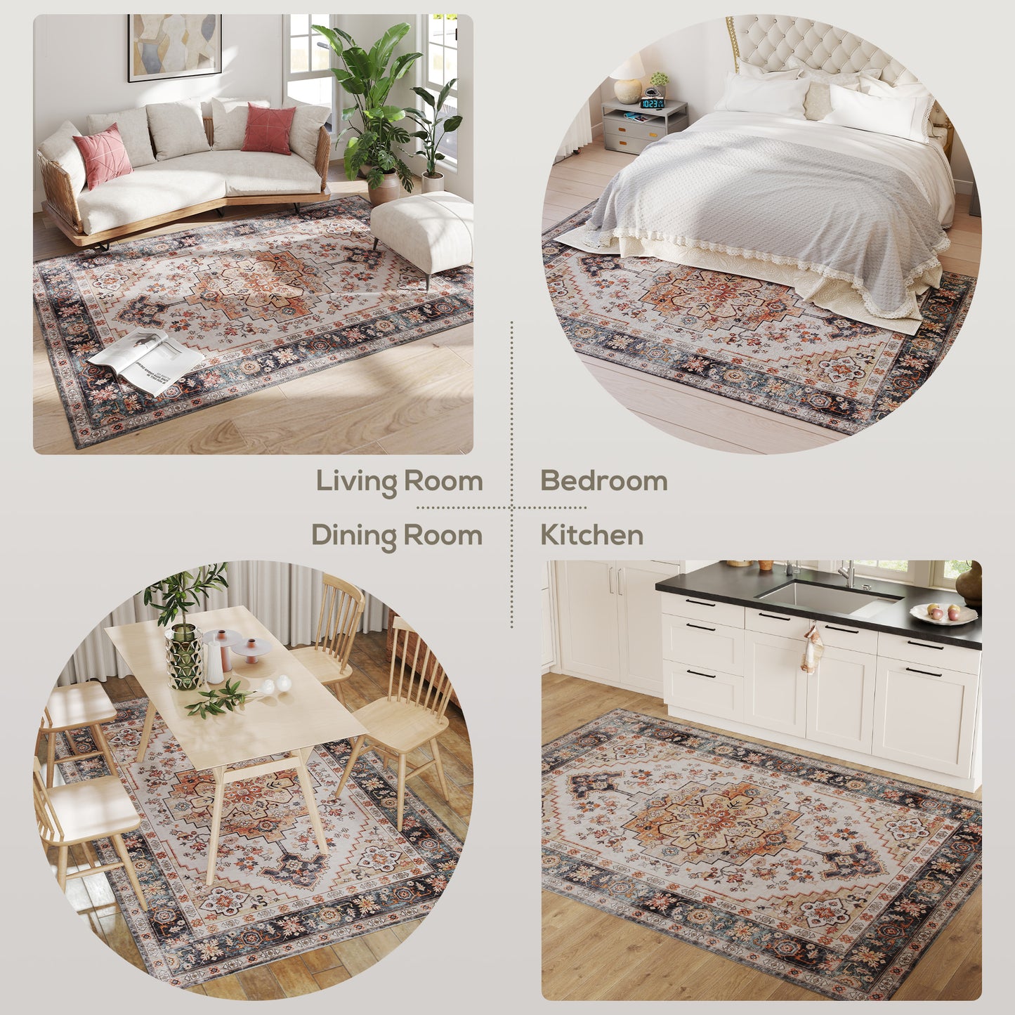 Boho Area Rug 5x7 - Machine Washable Non-Slip Medallion Design in Tawny Brown