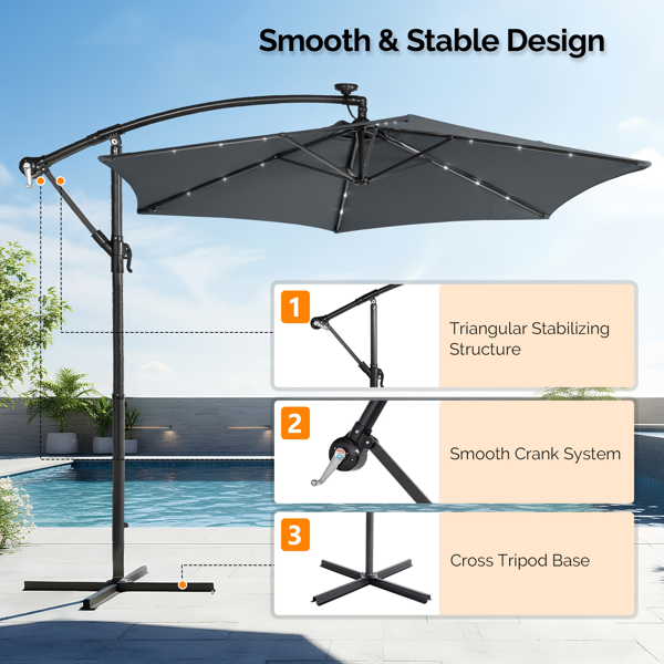 10FT Round Hanging Patio Umbrella with LED Lights & Stand - Gray