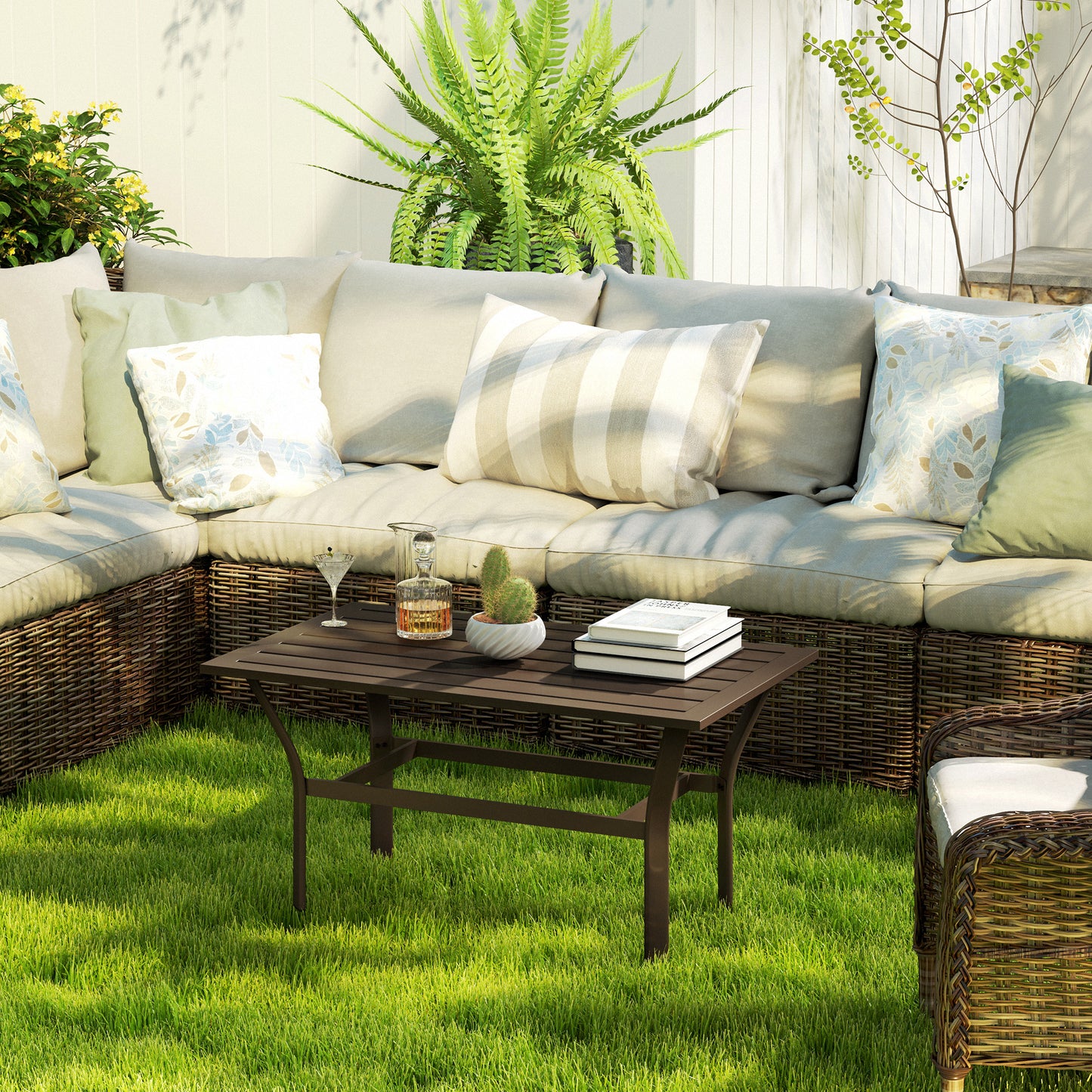Outdoor Coffee Table - Slatted Design, All-Weather Metal, 36" x 21.7"