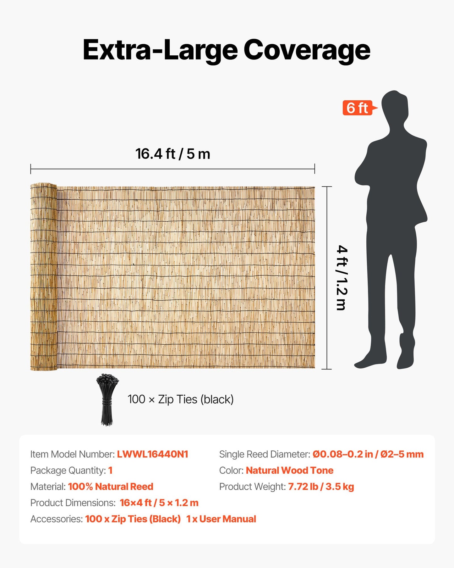 Natural Reed Fencing Roll 4ft x 16.4ft Privacy Screen for Garden & Patio - Black