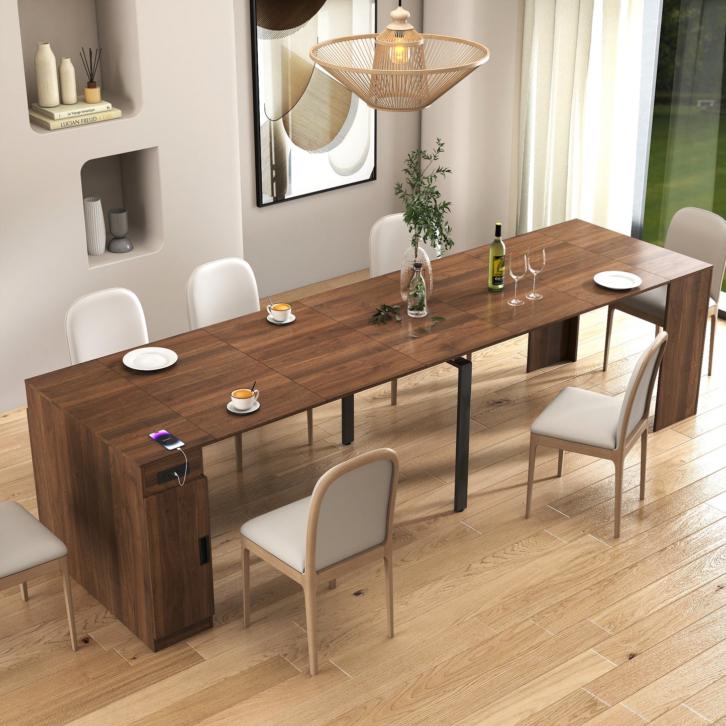 Modern Extendable Dining Table with Outlet - Walnut Finish