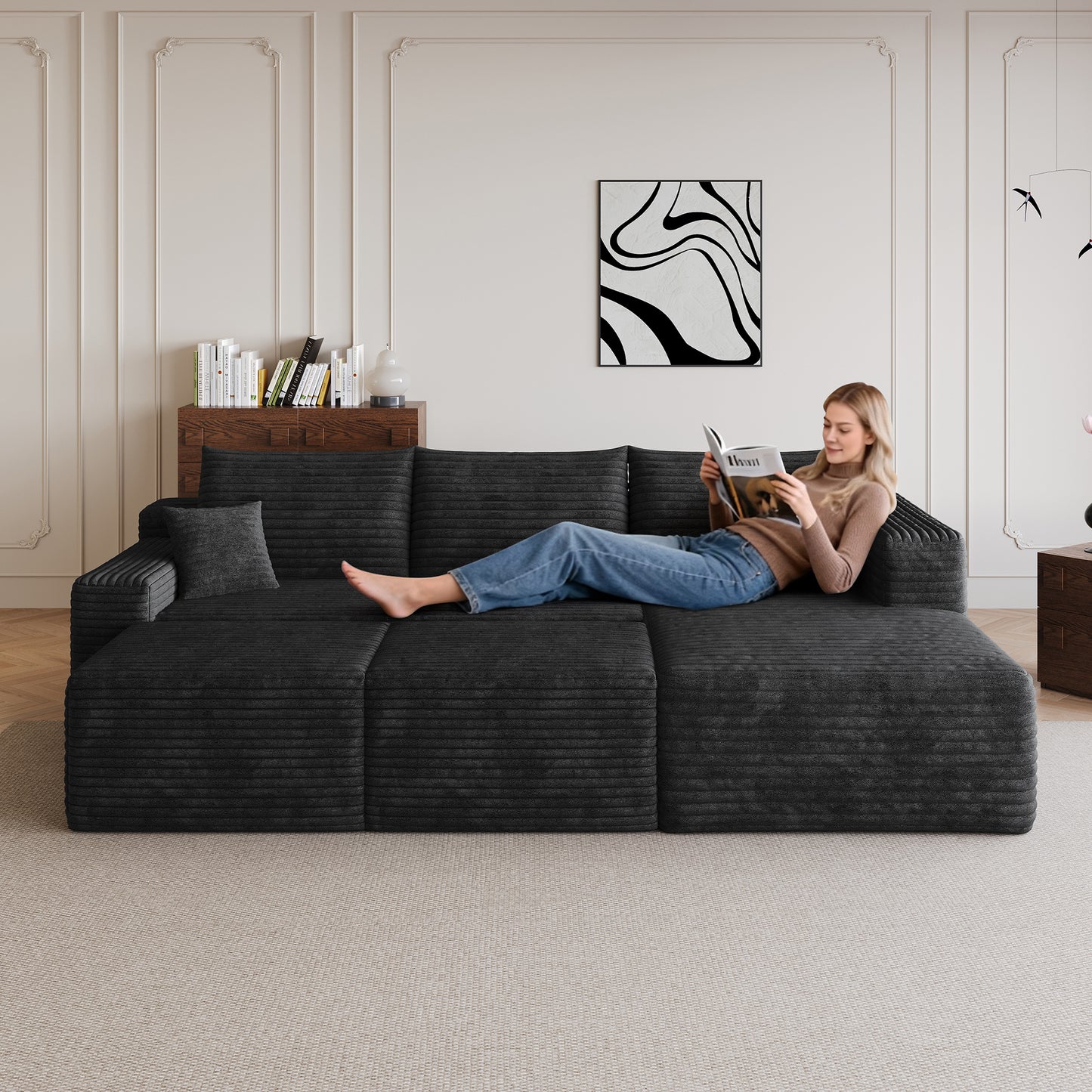 95" Cloud Sectional Sofa with 2 Ottomans - Black Corduroy