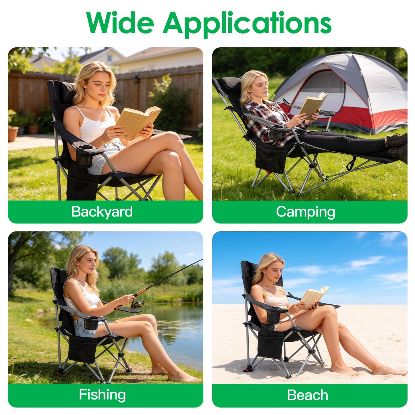Adjustable Reclining Camping Chair with Footrest & Cup Holder