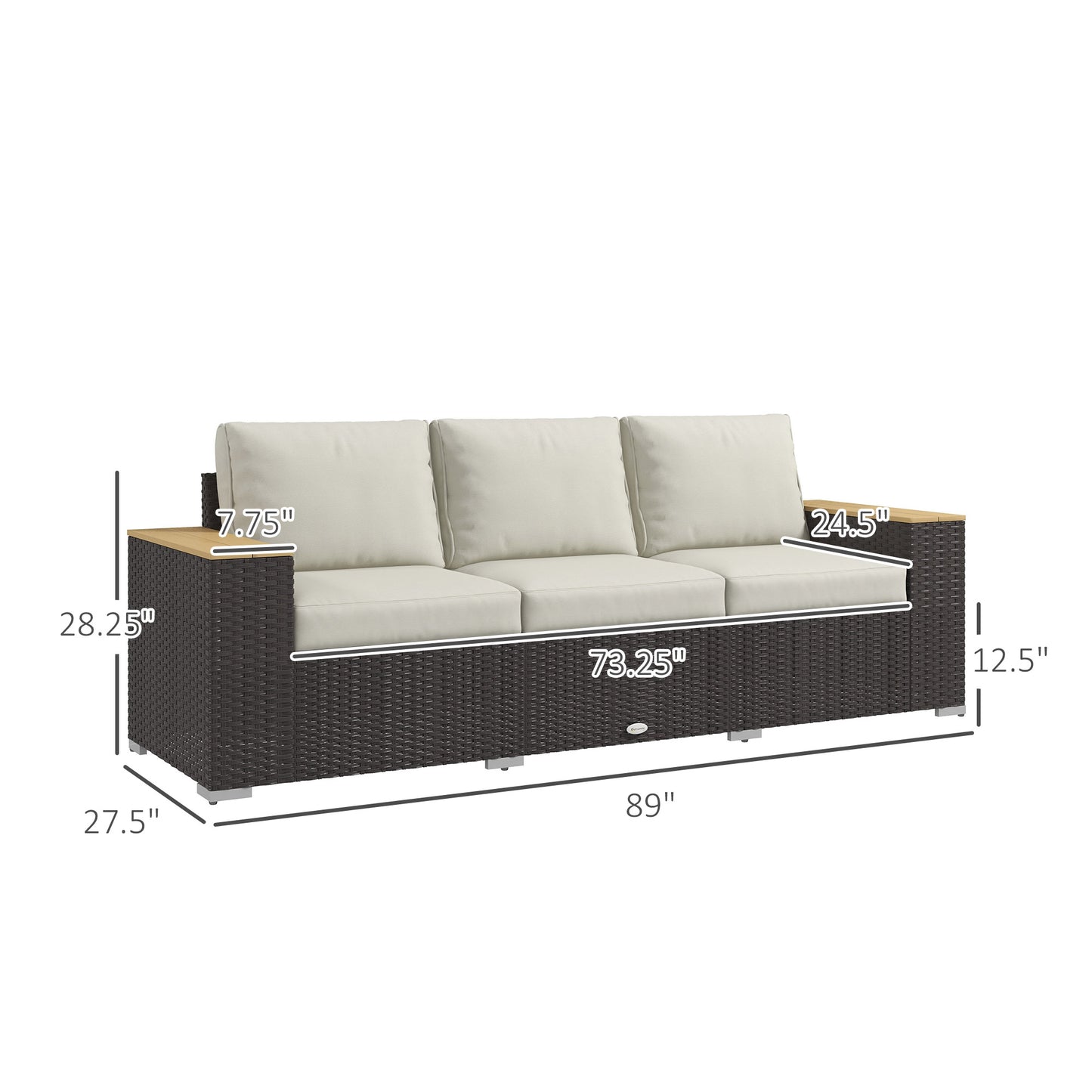 3-Seat Outdoor Wicker Sofa with Deep Seats & Cushions - Beige