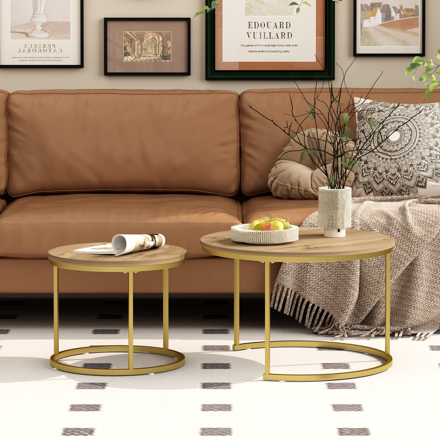 Nesting Coffee Table Set of 2 - Round Wood & Metal - Brown+Gold