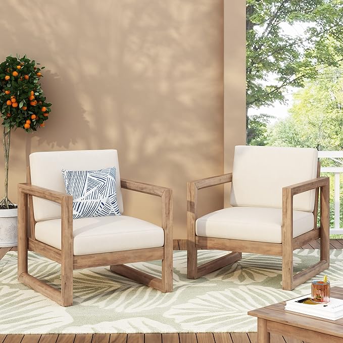 Set Of 2, Outdoor Acacia Wood Patio Club Chair, Furniture,Waterproof