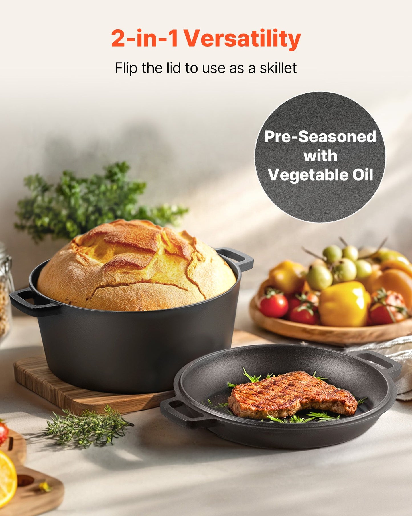 5QT Pre-Seasoned Cast Iron Dutch Oven with Lid - Black