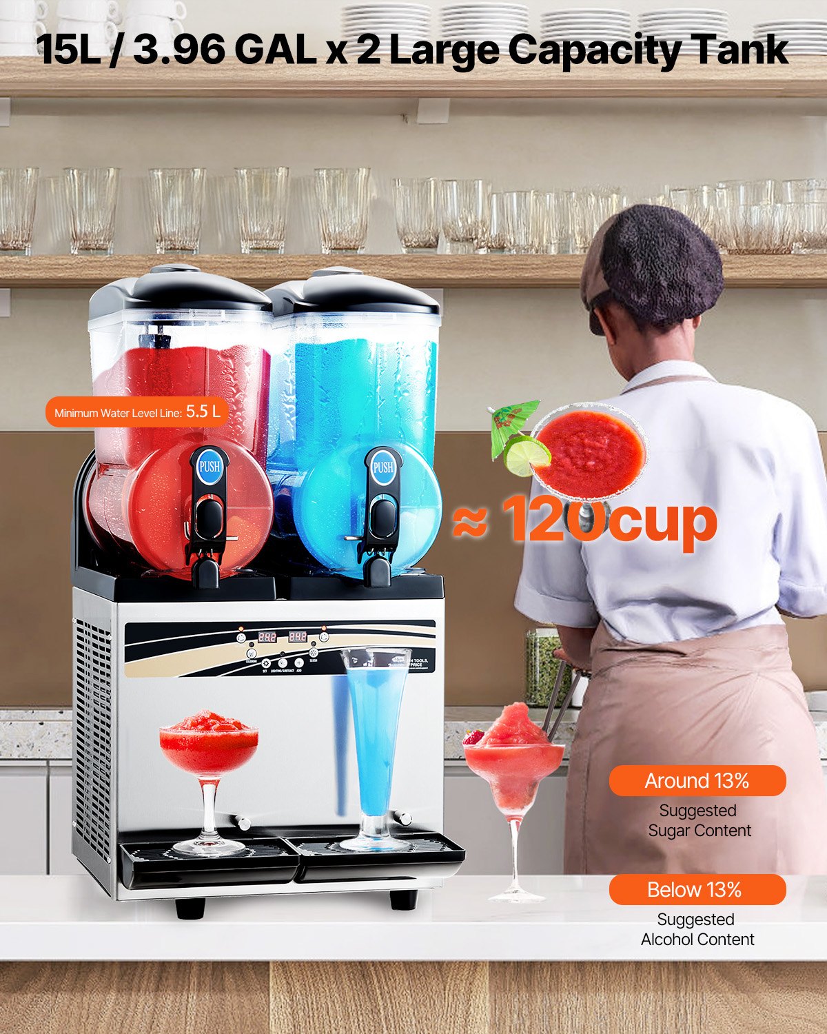 Commercial Slushy Machine 15L Dual Tank Margarita & Frozen Drink Maker