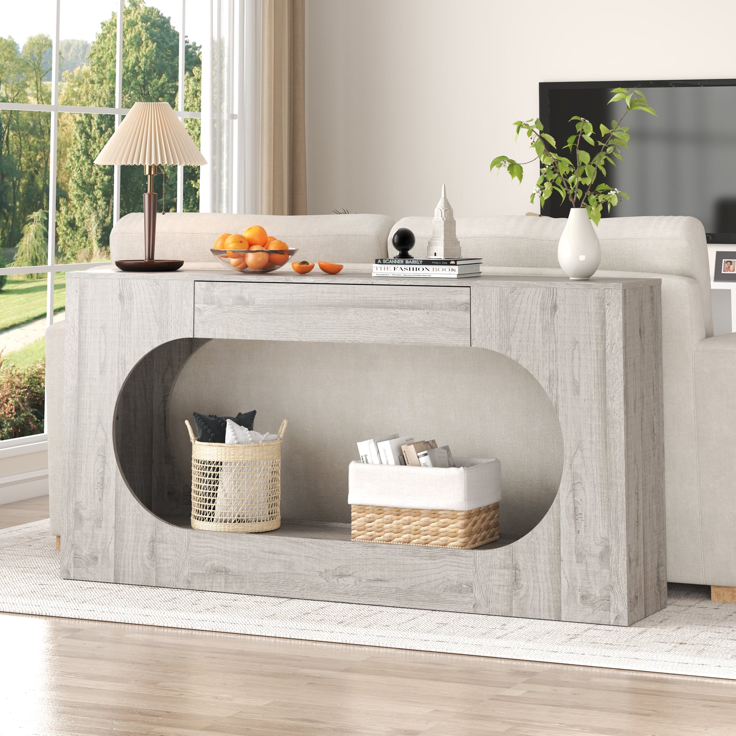 Grey Wood Grain Console Table with Storage Drawer - 63"