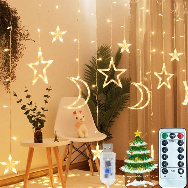 Solar Icicle Lights - Waterproof Moons Stars Curtain String with Remote