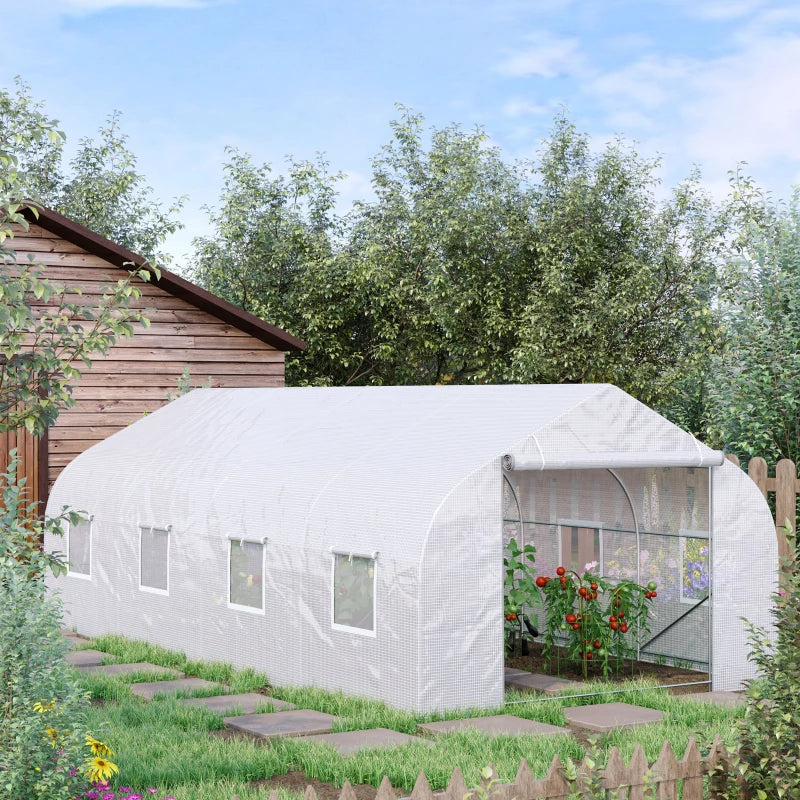 Large Walk-In Tunnel Greenhouse with Roll-Up Door - White Garden Shelter