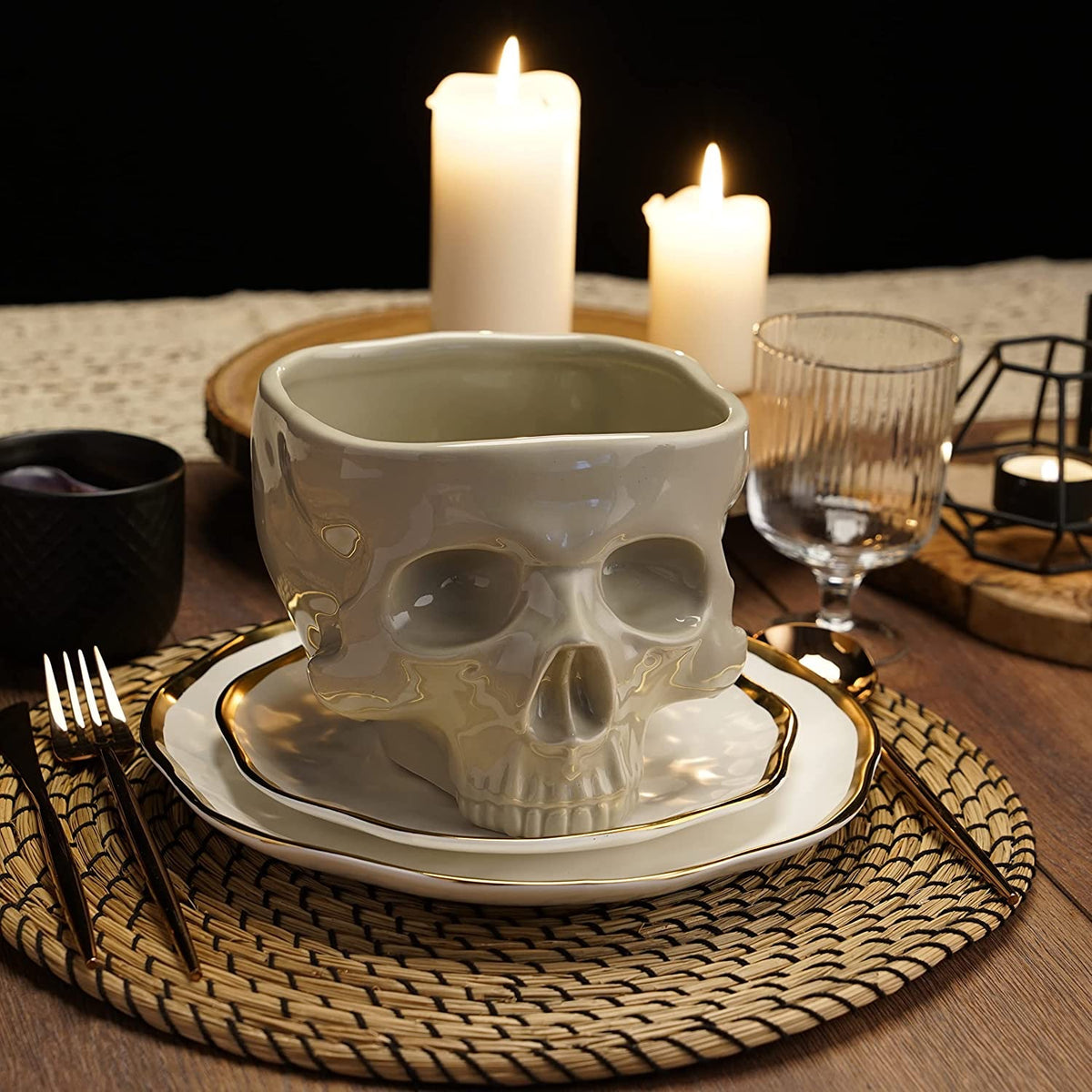 Ceramic Skull Noodle Bowl for Halloween Table Decor, 300ml & 500ml Sizes