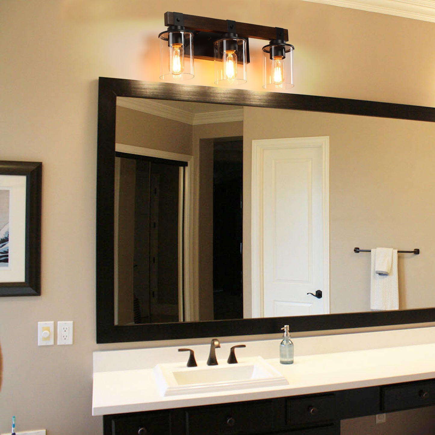 Rustic 3-Light Vanity Light Fixture with Glass Shades and Wood Accent