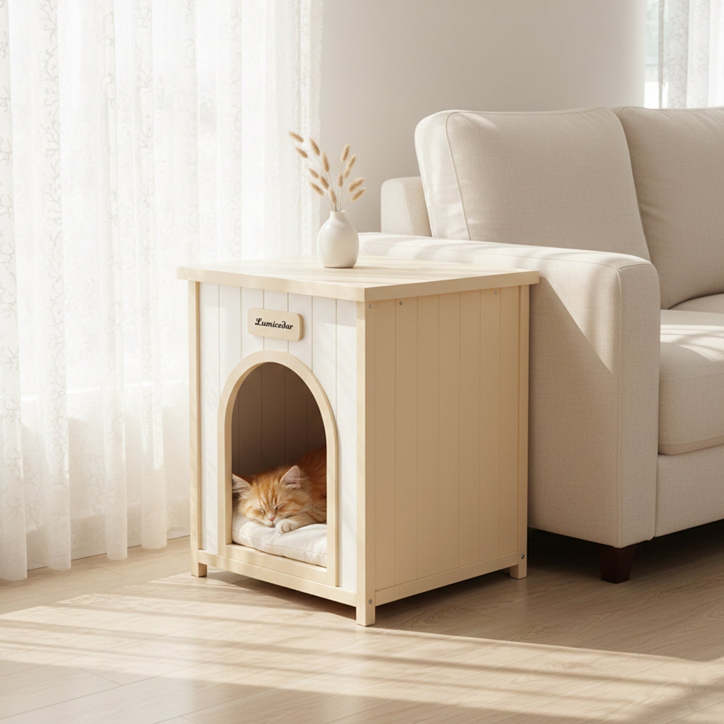 Indoor Wooden Dog House with Removable Cushion - Small Pet Shelter, Scandinavian Design