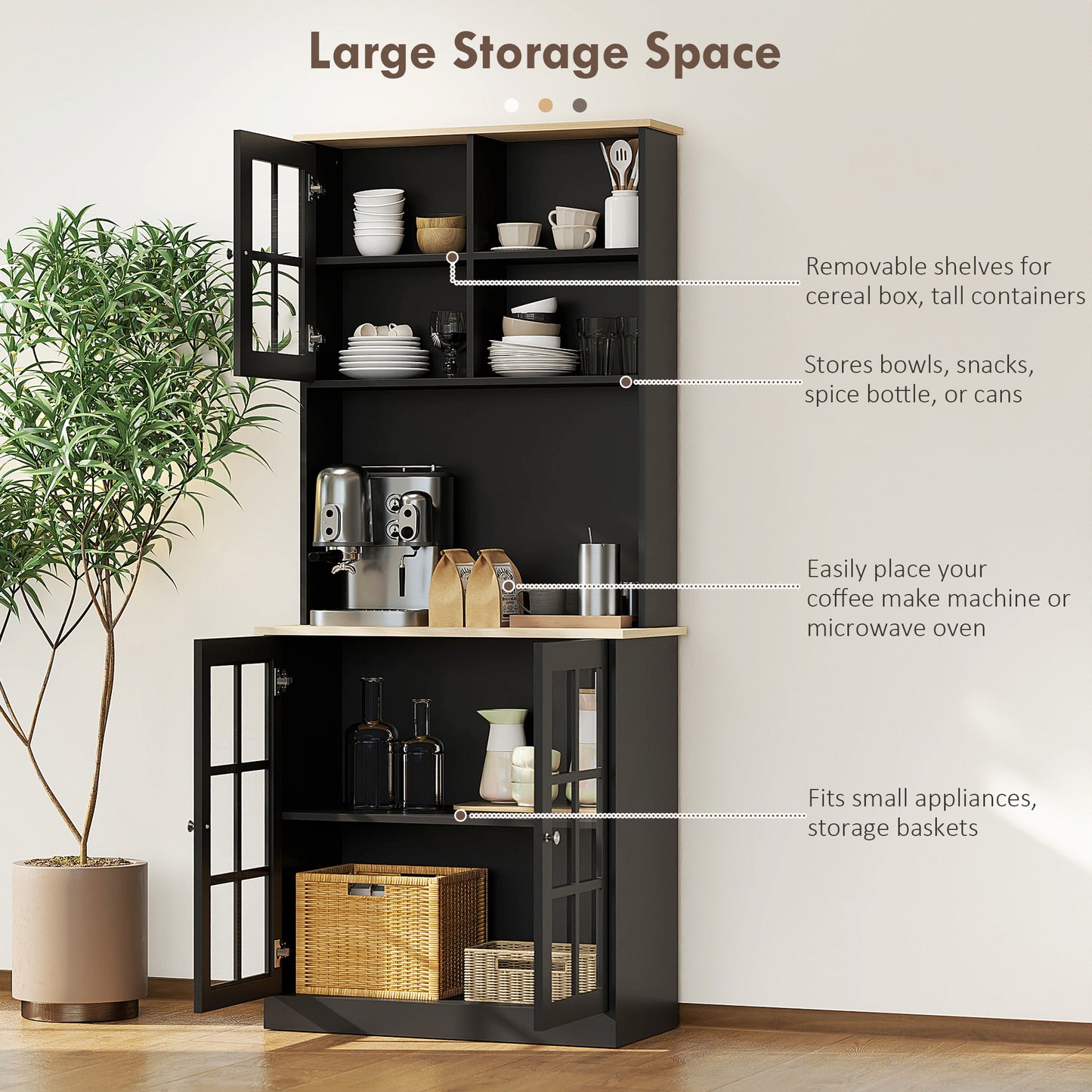 Kitchen Pantry Storage Cabinet, 72" Freestanding Cabinet with Hutch,