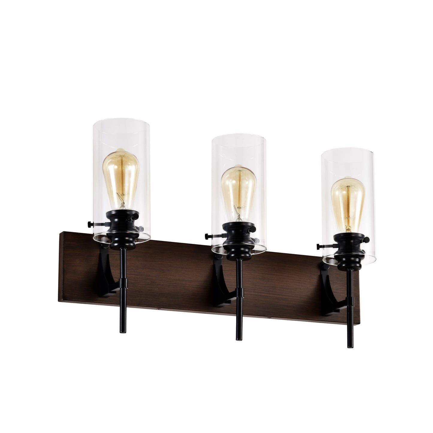 3-Light Matte Black Wood Bathroom Vanity Light with Glass Shades