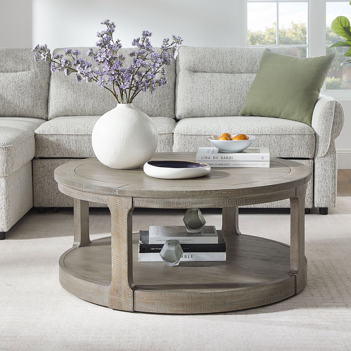 40-Inch Curved Round Wooden Coffee Table with Wheels - Light Brown
