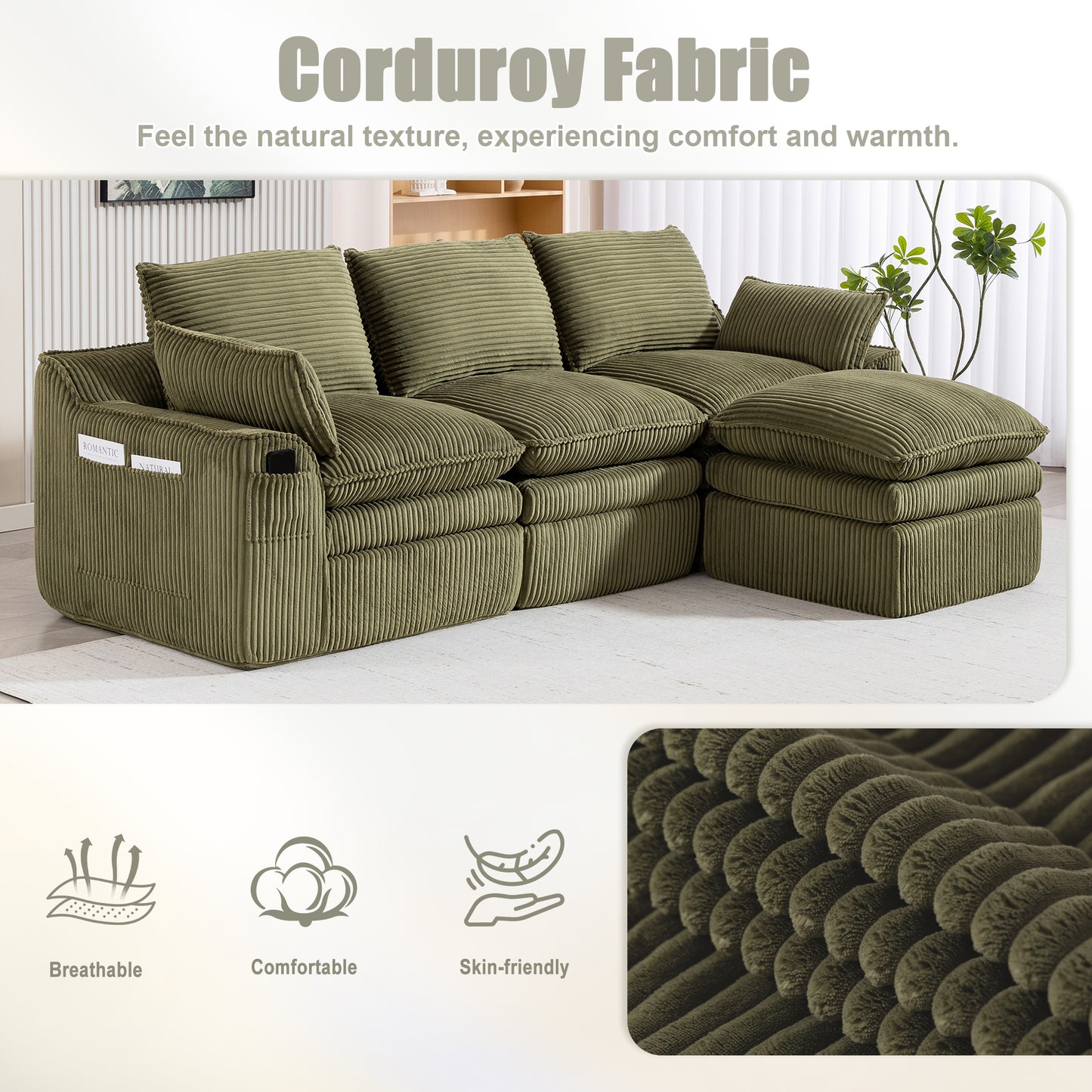 Emerald L-Shaped Modular Sectional Sofa with Footstool & Pillows