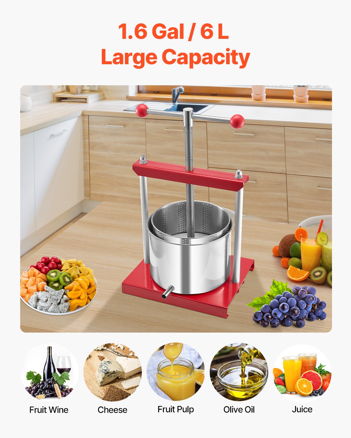 Manual Fruit Wine Press - 1.6 Gallon Stainless Steel Juicer