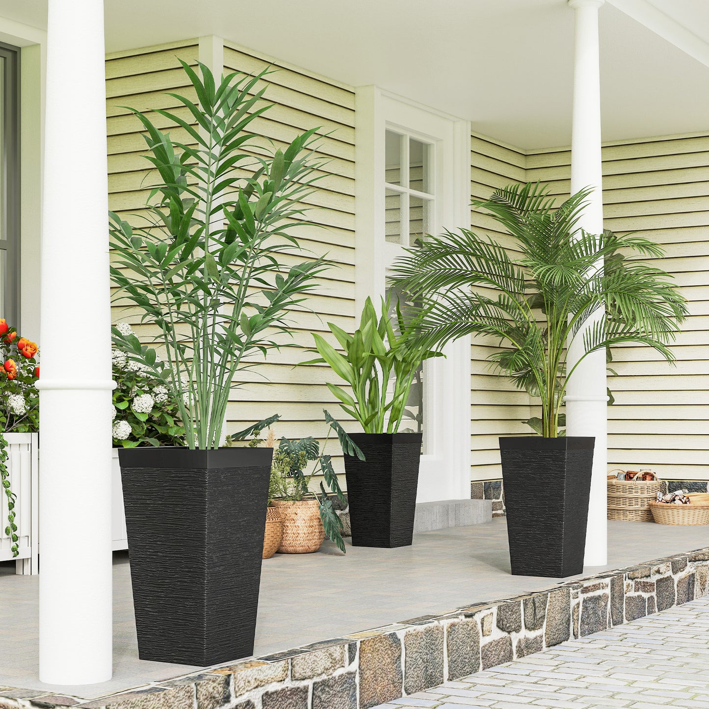 Set of 3 Outdoor Planting Pots with Wheels and Stone Finish - Stackable 22.8 Inch Black Garden Planters