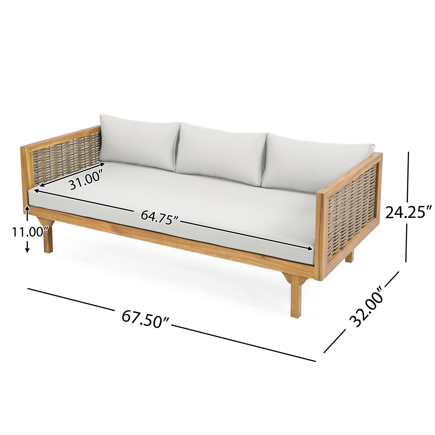 CLAREMONT 3 SEATER DAYBED WITH RATTAN ARMS LIGHT GREY CUSHION