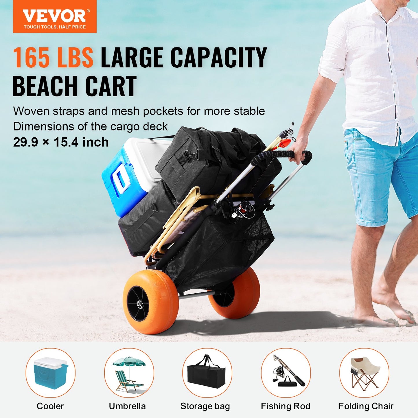 Heavy Duty Beach Cart with Large Wheels & Adjustable Height - Sand Cargo Trolley