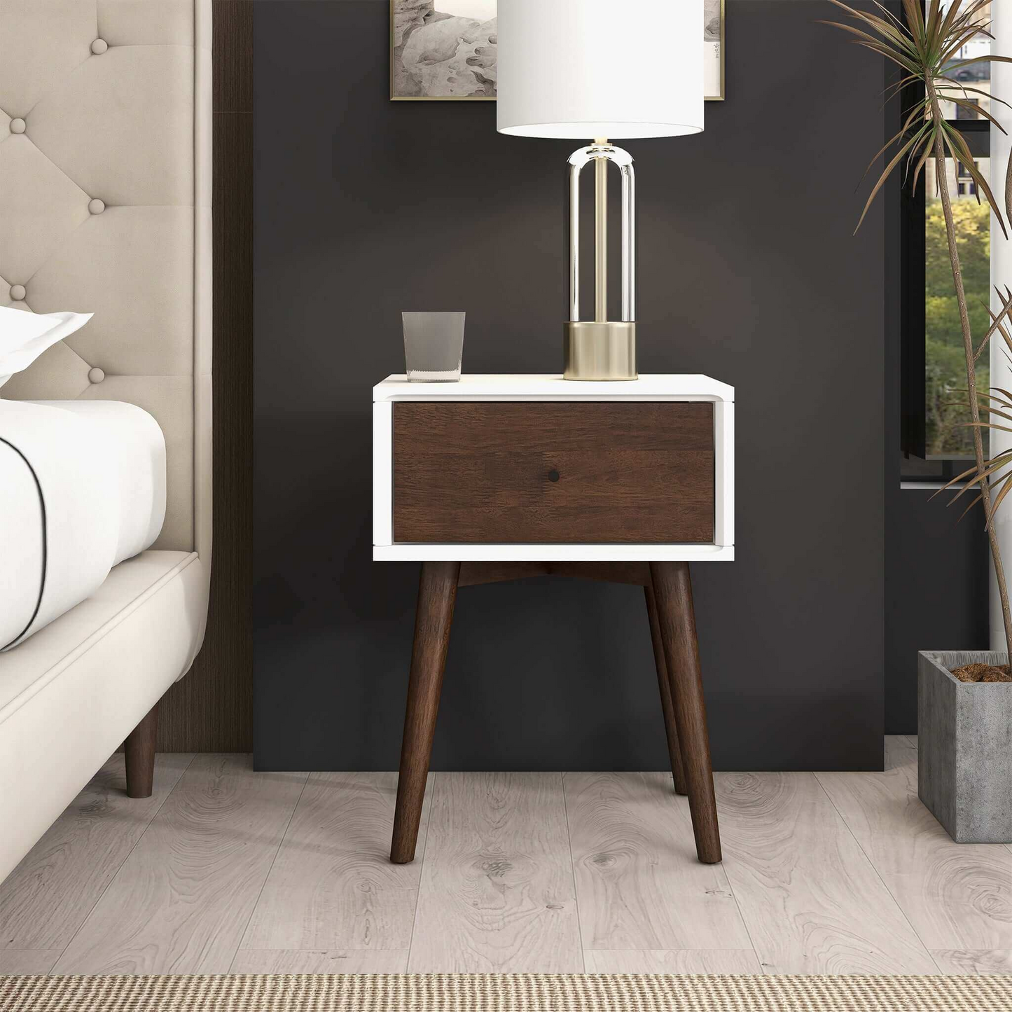 Avery Mid-Century Modern Solid Wood Night Stand 1 Drawer Dark Brown