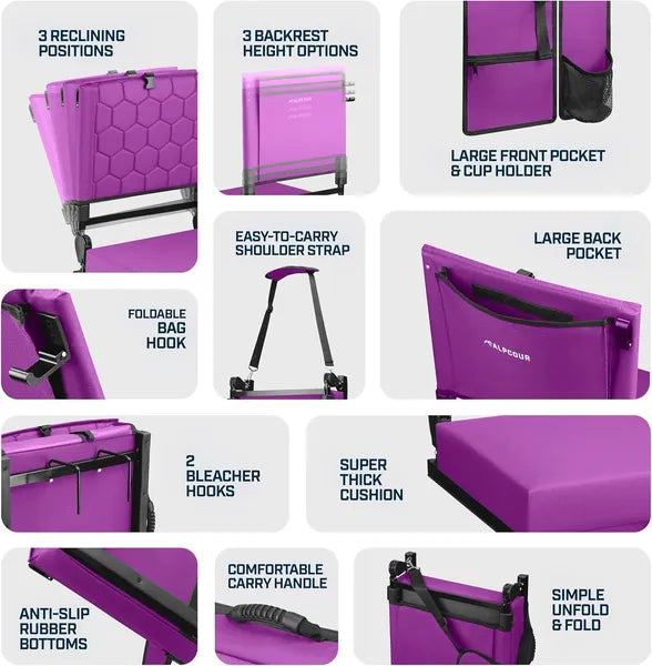 Folding Reclining Stadium Seat with Back Support - Purple