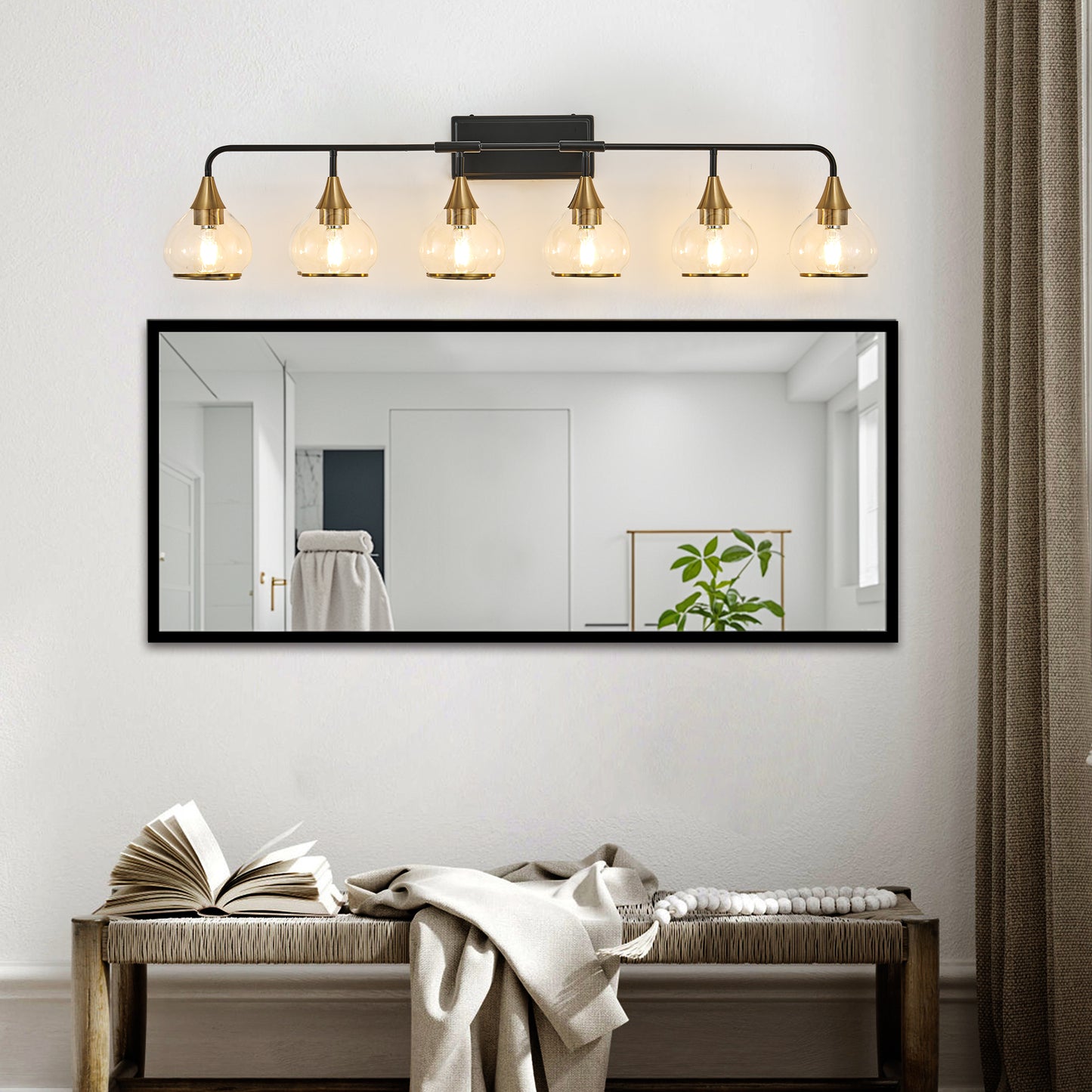 48-Inch Modern Industrial Wall Sconce with Clear Glass Shades - Black & Gold Bathroom Light Fixture, 6 Bulb E26 Compatible