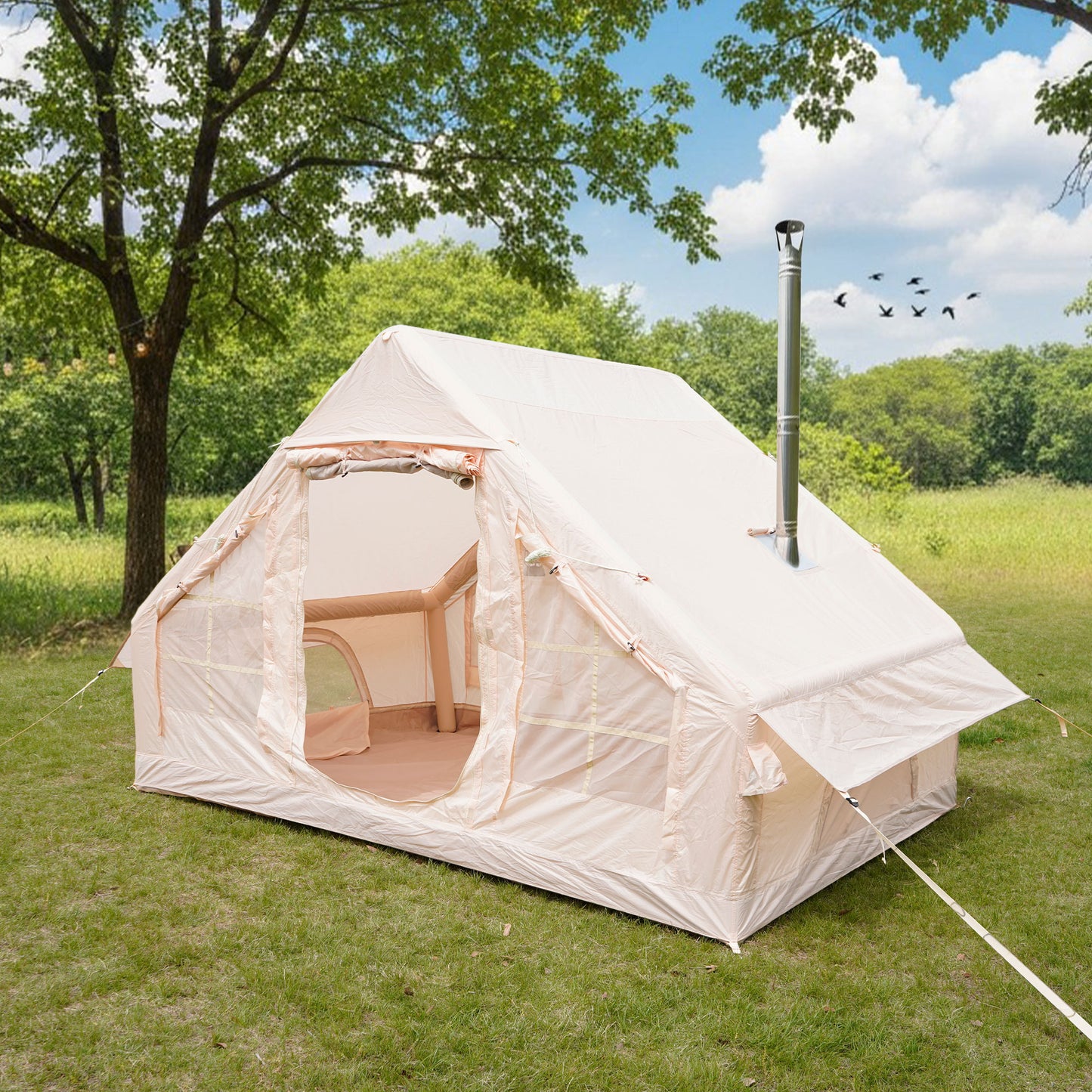 Inflatable Camping Tent with Hand Pump - Waterproof, Easy Setup, Beige