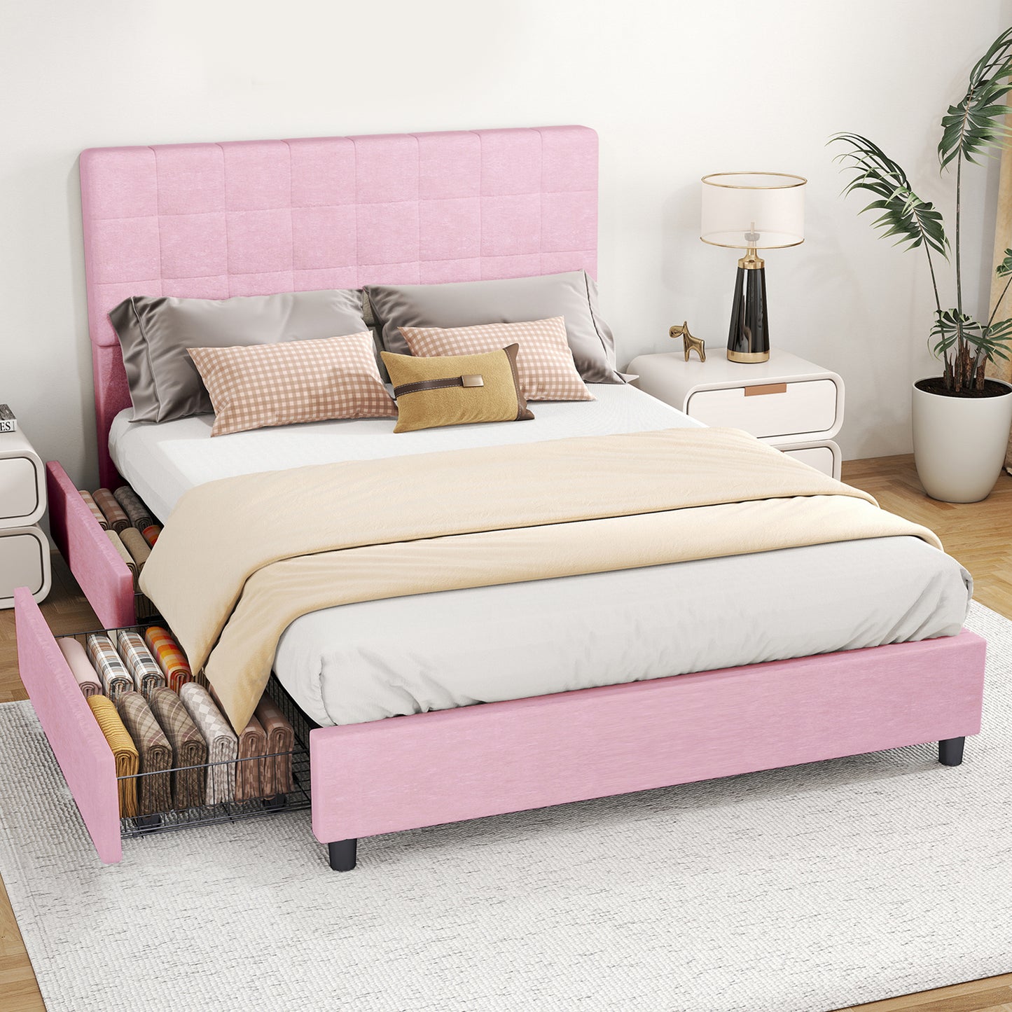 Queen Bed Frame Upholstered Vertical Channel Headboard With 4 Storage